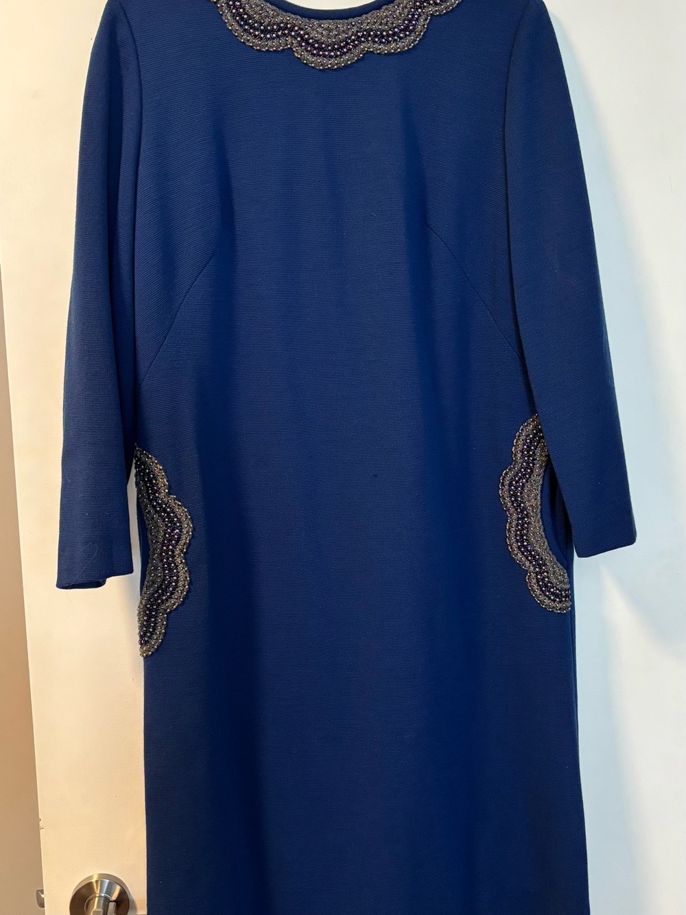 Vintage Wool Navy 3/4 sleeve Beaded Accent Shift Dress - Women